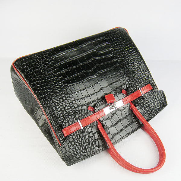 High Quality Fake Hermes Birkin 35CM Crocodile Veins Leather Bag Red/Black 6089